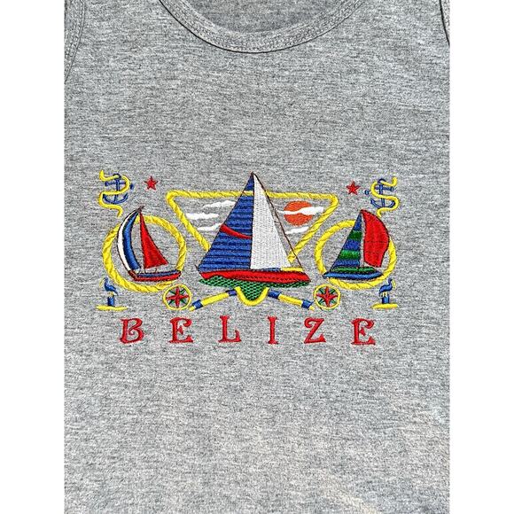 Vintage 90s Belize Sailboat Tank Top Gray Embroidered Cool Souvenir Unisex Large - Picture 10 of 10